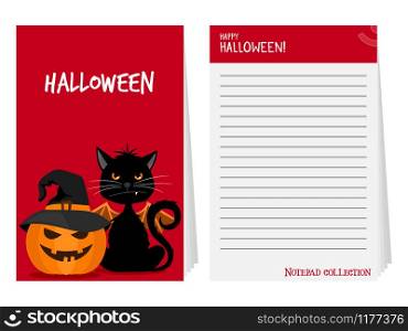 Halloween notepad collection. Notebook cover template with angry cat and pumpkin in witch hat. Halloween notepad with black cat and pumpkin vector illustration