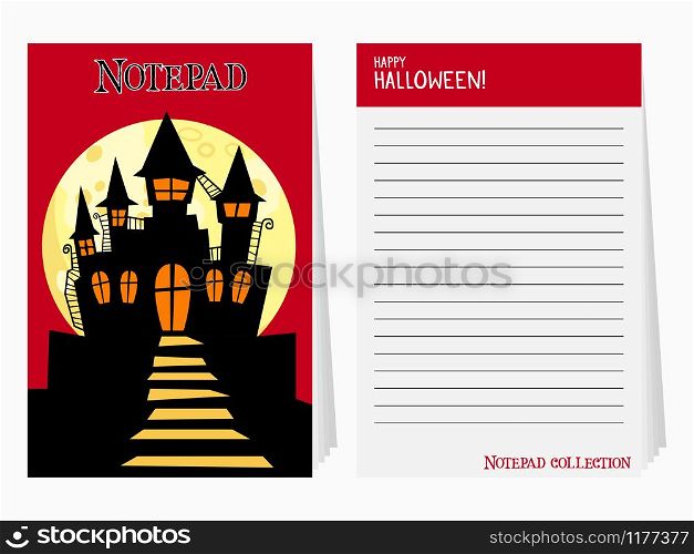 Halloween notepad collection. Notebook cover template with black castle and moon silhouette. Halloween notepad with castle and text vector illustration
