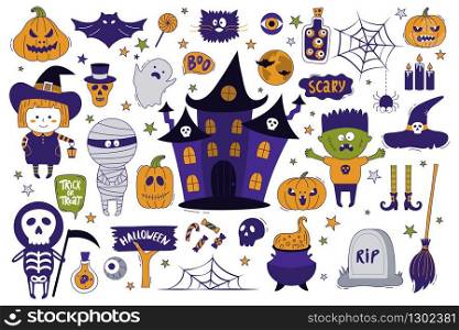 Halloween objects collection. Hand-drawn vector illustration with pumpkins, tombstone, skull, mummy, witch, ghost house, Dracula and etc. It can be used for halloween party, posters, greeting cards, fashion design.