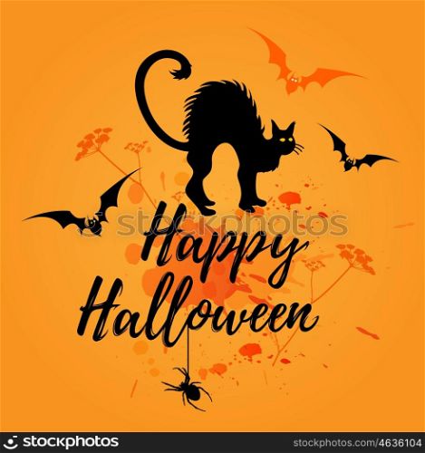 "Halloween orange background with silhouette of black cat. "Happy Halloween" lettering. Vector illustration."