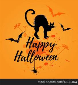 "Halloween orange background with silhouette of black cat. "Happy Halloween" lettering. Vector illustration."
