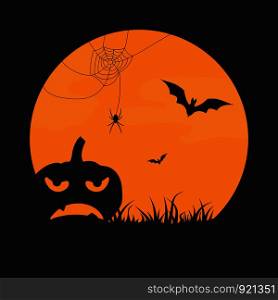 Halloween. Orange circle on black background with pumpkin silhouette, spider web and ba