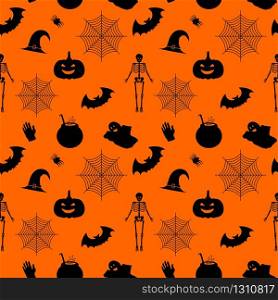 Halloween orange festive seamless pattern vector. Endless background with pumpkins, skulls, bats, spiders, ghosts, bones, witch hat, spider web, zombie hand poison. Halloween orange festive seamless pattern vector. Endless vector background.