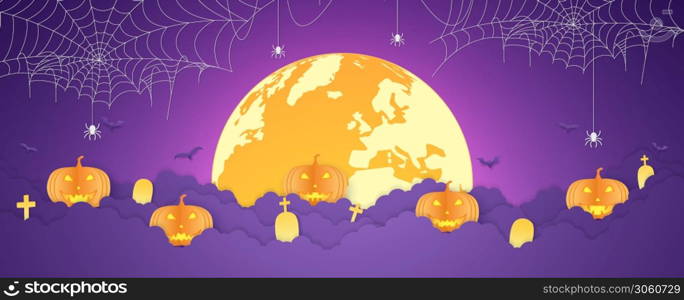 Halloween orange pumpkin head and graveyard on cloud with full moon, spider web with spider hanging, paper art style