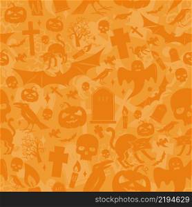 Halloween orange seamless pattern. Vector illustration. Halloween pattern include cat, pumpkin, bat, crow, skull, tree, candle, ghost and grave.. Halloween orange seamless pattern.