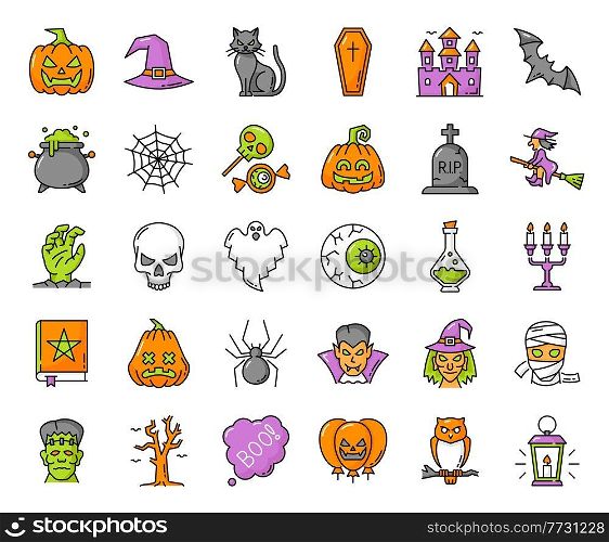Halloween outline ghost, pumpkin, zombie and witch, spider web and owl scary character vector icons. Horror holiday skull, bat, black cat, trick or treat candy, candle, grave and vampire isolated sign. Halloween outline ghost, pumpkin and witch icons