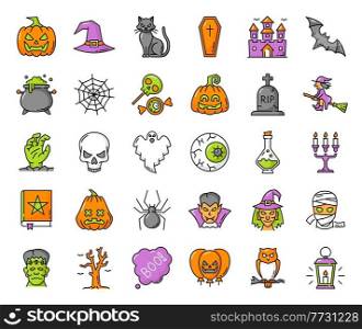 Halloween outline ghost, pumpkin, zombie and witch, spider web and owl scary character vector icons. Horror holiday skull, bat, black cat, trick or treat candy, candle, grave and vampire isolated sign. Halloween outline ghost, pumpkin and witch icons