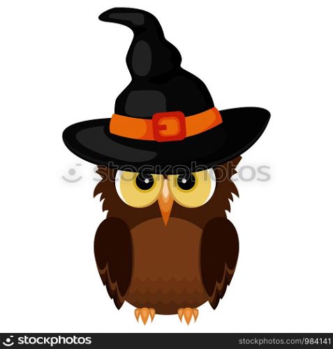 Halloween owl in the black spooky witch hat. Vector illustration