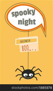 Halloween party and celebration of autumn holiday, 31 of october. Cute spider or bug hanging on web thread. Invitation for festive event in fall season. All hallows eve, vector in flat style. Spooky night halloween party, autumn holiday celebration vector