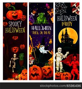 Halloween party and trick or treat night celebration banner. Horror pumpkin, zombie and spider, ghost house, moon and skeleton skull, mummy, devil demon and evil wizard for Halloween invitation design. Halloween party banner with trick or treat pumpkin