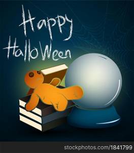 Halloween party background. Original greeting holiday card with items of sorcerer on table and spidre web. Template for design. Vector