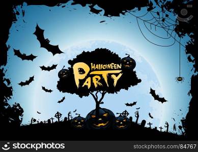 Halloween Party Background with Pumkins and Tree. Halloween Party Background. Holiday Card with Cemetery and Tree Silhouette.
