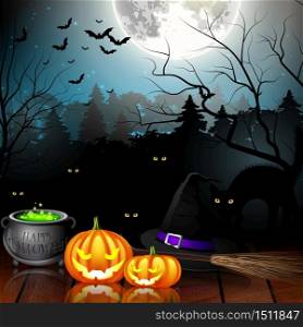 Halloween party background with pumpkins, hat, pot and broom in spooky forest .Vector illustration