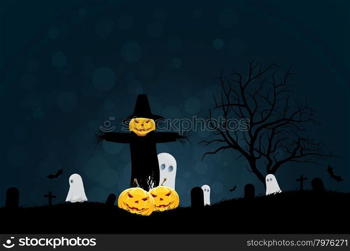 Halloween Party Background with Scarecrow, Ghosts Pumpkins