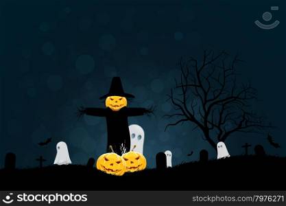 Halloween Party Background with Scarecrow, Ghosts Pumpkins