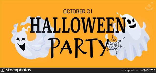 Halloween party banner. Cute scary ghost and black cobweb. Cartoon spooky ghosts vector characters. Illustration scary halloween celebration, autumn ghost evil. Halloween party banner. Cute scary ghost and black cobweb. Cartoon spooky ghosts vector characters