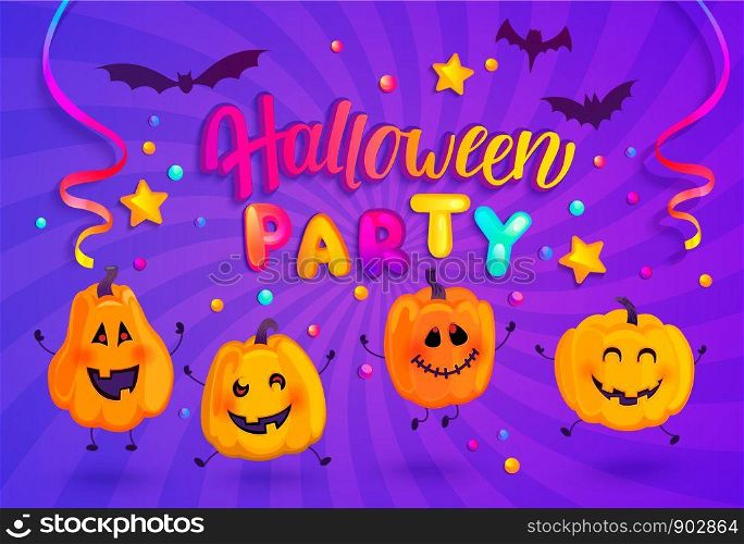 Halloween party Banner for kids for Happy holiday with monster pumpkins, bat, spiders and confetti on sunburst background. Template for web,poster,flyers, ad,promotions, blogs.Vector illustration.. Halloween party banner for kids.