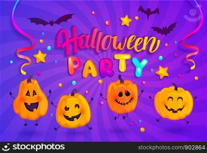 Halloween party Banner for kids for Happy holiday with monster pumpkins, bat, spiders and confetti on sunburst background. Template for web,poster,flyers, ad,promotions, blogs.Vector illustration.. Halloween party banner for kids.
