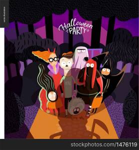 Halloween Party card with lettering. Vector cartoon illustrated group of kids wearing Halloween costumes and a dog, standing in the court in front of opened door, scared by old lady with scythe.. Halloween Party invitation card