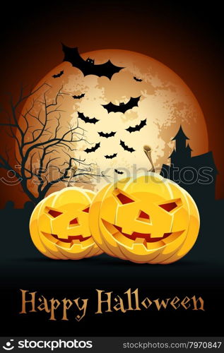 Halloween Party Card with Pumpkins, Bats and Haunted House