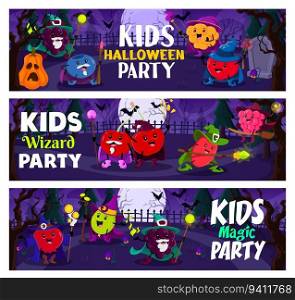 Halloween party, cartoon berry wizards and mages at cemetery. Vector horizontal banners with gooseberry, blueberry and barberry, cherry, raspberry, cloudberry and blackberry funny warlock characters. Halloween party, cartoon berry wizards at cemetery