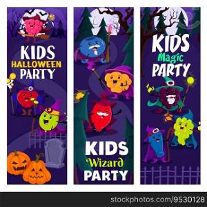 Halloween party, cartoon berry wizards and mages at cemetery. Vector vertical banners with grapes, blueberry and honeyberry, cloudberry, cranberry, raspberry, rosehip and blackberry warlock characters. Halloween party, cartoon berry wizards and mages