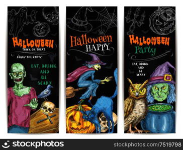 Halloween Party chalk pumpkin lantern, witch cauldron and broom, scary full moon, undead walking zombie, cemetery coffin. Vector color chalk sketch elements of Halloween Party on chalkboard for invitation banners, posters, decoration design. Halloween Party chalk sketch banners set