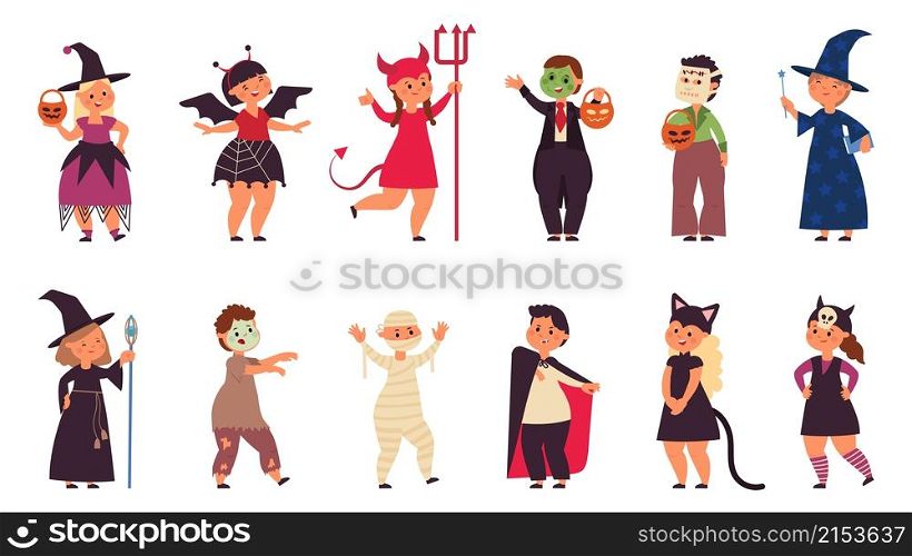 Halloween party characters. Costume friends, little cute kid zombie fest. Young child wear carnival costumes, creepy funny children decent vector set. Illustration of halloween party costume. Halloween party characters. Costume friends, little cute kid zombie fest. Young child wear carnival costumes, creepy funny children decent vector set