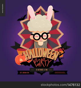 Halloween Party composed sign emblem invitation. Flat vectror cartoon illustrated design of an old lady wearing bunny ears in center of striped shield, bats, pumpkin jack-o-lantern, ribbon, lettering.. Halloween Party composed sign