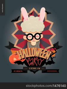 Halloween Party composed sign emblem invitation. Flat vectror cartoon illustrated design of an old lady wearing bunny ears in center of striped shield, bats, pumpkin jack-o-lantern, ribbon, lettering.. Halloween Party composed sign