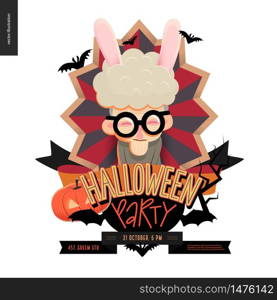 Halloween Party composed sign emblem invitation. Flat vectror cartoon illustrated design of an old lady wearing bunny ears in center of striped shield, bats, pumpkin jack-o-lantern, ribbon, lettering.. Halloween Party composed sign