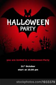 Halloween party design template with bat, castle and cemetery. Vector illustration.