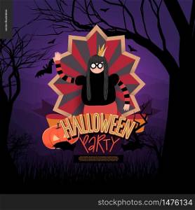 Halloween Party. Flat vectror cartoon illustrated design of a princess wearing glasses in center of striped shield, bats, pumpkin jack-o-lantern, ribbon, lettering, forest landscale, trees and hills. Halloween Party composed sign
