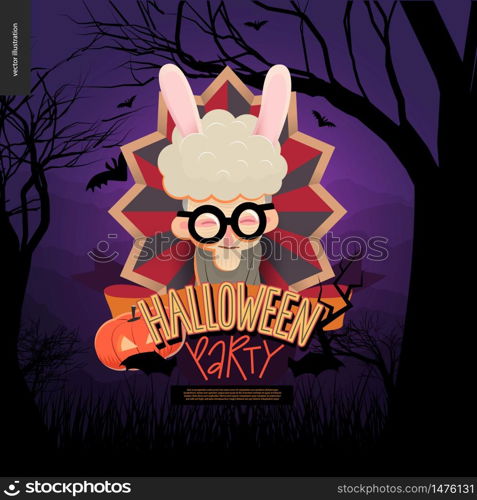 Halloween Party. Flat vectror cartoon illustrated design of an old lady wearing bunny ears in center of striped shield, bats, pumpkin jack-o-lantern, ribbon, lettering, forest landscale, trees, hills. Halloween Party composed sign