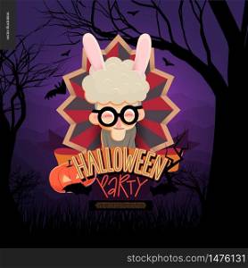 Halloween Party. Flat vectror cartoon illustrated design of an old lady wearing bunny ears in center of striped shield, bats, pumpkin jack-o-lantern, ribbon, lettering, forest landscale, trees, hills. Halloween Party composed sign