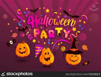 Halloween party greeting banner for kids for Happy holiday with monster pumpkins, bat, spiders and confetti. Template for web,poster,flyers, ad,promotions, blogs.Vector illustration.. Halloween party greeting banner for kids.