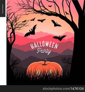 Halloween Party illustrated poster. Vector cartoon illustration of a forest landscape with a pumpkin and flying bats, a black tree on foreground and sunset lighted hills on the background.. Halloween Party illustarted poster