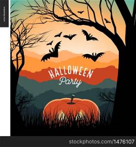 Halloween Party illustrated poster. Vector cartoon illustration of a forest landscape with a pumpkin and flying bats, a black tree on foreground and sunset lighted hills on the background.. Halloween Party illustarted poster
