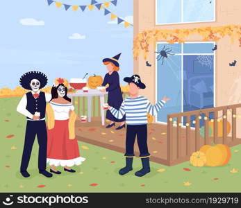Halloween party in backyard flat color vector illustration. People eating treats and talking at seasonal event. Friends in costumes 2D cartoon characters with home yard on background. Halloween party in backyard flat color vector illustration
