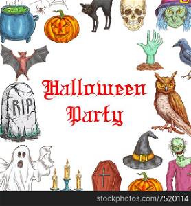 Halloween Party invitation card design with traditional halloween celebration symbols of pumpkin, skull, coffin, witch hat, zombie hand from grave, spooky ghost. Decoration color sketch elements for halloween greeting banner, poster, placard. Halloween Party invitation card horror elements