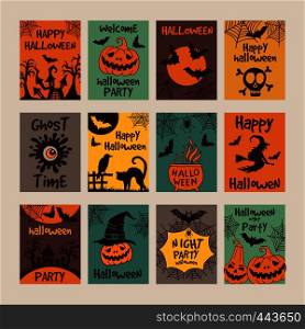 Halloween party invitation cards with different scary illustrations. Vector design template with place for your text. Halloween party invitation cards with different scary illustrations