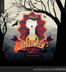 Halloween Party invitation. Flat vectror cartoon illustrated design of a skeleton in center of striped shield, bats, pumpkin jack-o-lantern, ribbon, lettering, forest landscale with trees and hills. Halloween Party composed sign