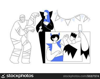 Halloween party isolated cartoon vector illustrations. Young people in scary costumes celebrate Halloween holiday, friends having fun, traditional decorations, mystery event vector cartoon.. Halloween party isolated cartoon vector illustrations.