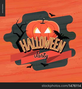 Halloween Party lettering and a jack-o-lantern. Vector cartoon illustration of a cutout pumpkin and flying bats, a black thorny bench, ribbon and writing on it, placed on a contemporary shape.. Halloween Party lettering and a jack-o-lantern