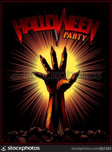 Halloween party poster from raised zombie hand on radiant background for evil spirits holiday. Title lettering Halloween. Vector illustration in ink hand drawing vintage retro style for stamp or print