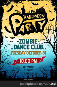 Halloween Party Poster. Grungy Halloween Party Poster. Holiday Card with Pumpkins, Cemetery and Big Moon. Invitation to Dance Club.