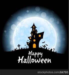 Halloween Party Poster. Halloween Party Poster. Holiday Card with Haunted House and Cemetery and a Moon in the Background. Halloween Invitation or Halloween Party Poster Backdrop