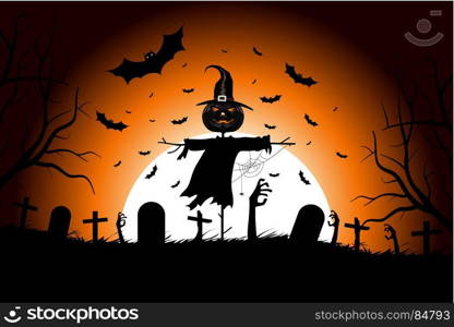 Halloween Party Poster. Halloween Party Poster. Holiday Card with Scarecrow and Zombie Hands and a Cemetery in the Background. Halloween Invitation or Halloween Party Poster Backdrop