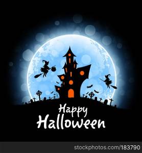 Halloween Party Poster. Holiday Card with witch and Haunted House and Cemetery and a Moon in the Background. Halloween Invitation or Halloween Party Poster Backdrop. Halloween Party Poster