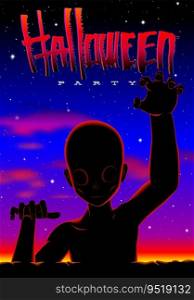 Halloween party poster in 80s horror movies style with crawling zombie or alien creature and neon sunset